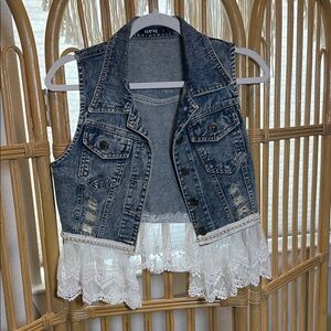 Upcycled Blue Denim Vest with White Lace